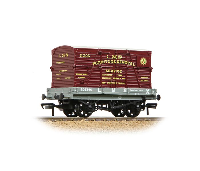 1 Plank Wagon LMS Grey w/Crimson Container Load 209346