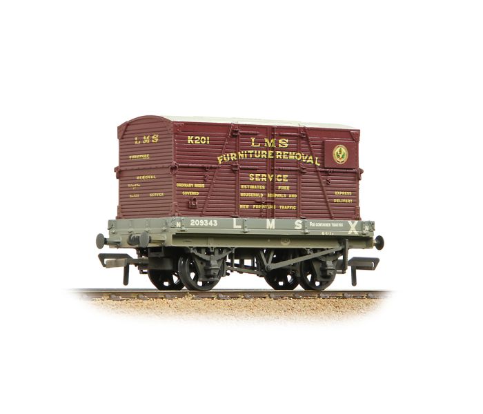 1 Plank Wagon LMS Grey w/Crimson Container Load 209343 Wtd