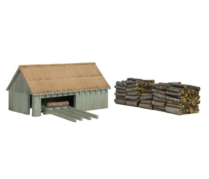 Scenecraft Sawmill and Woodpile Natural Wood (Pre-Built)