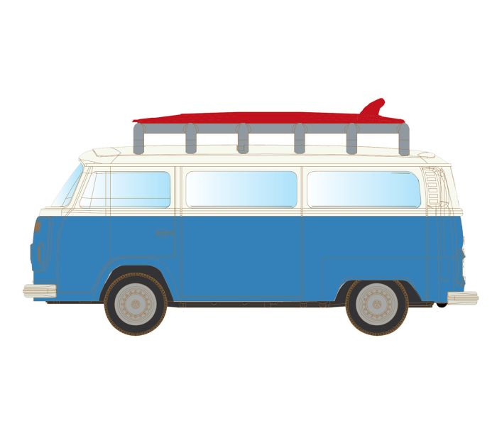 VW T2 Bus Blue/White w/Surfboards