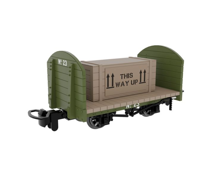Round End Flat Wagon Plain Green 23 w/Removable Crate