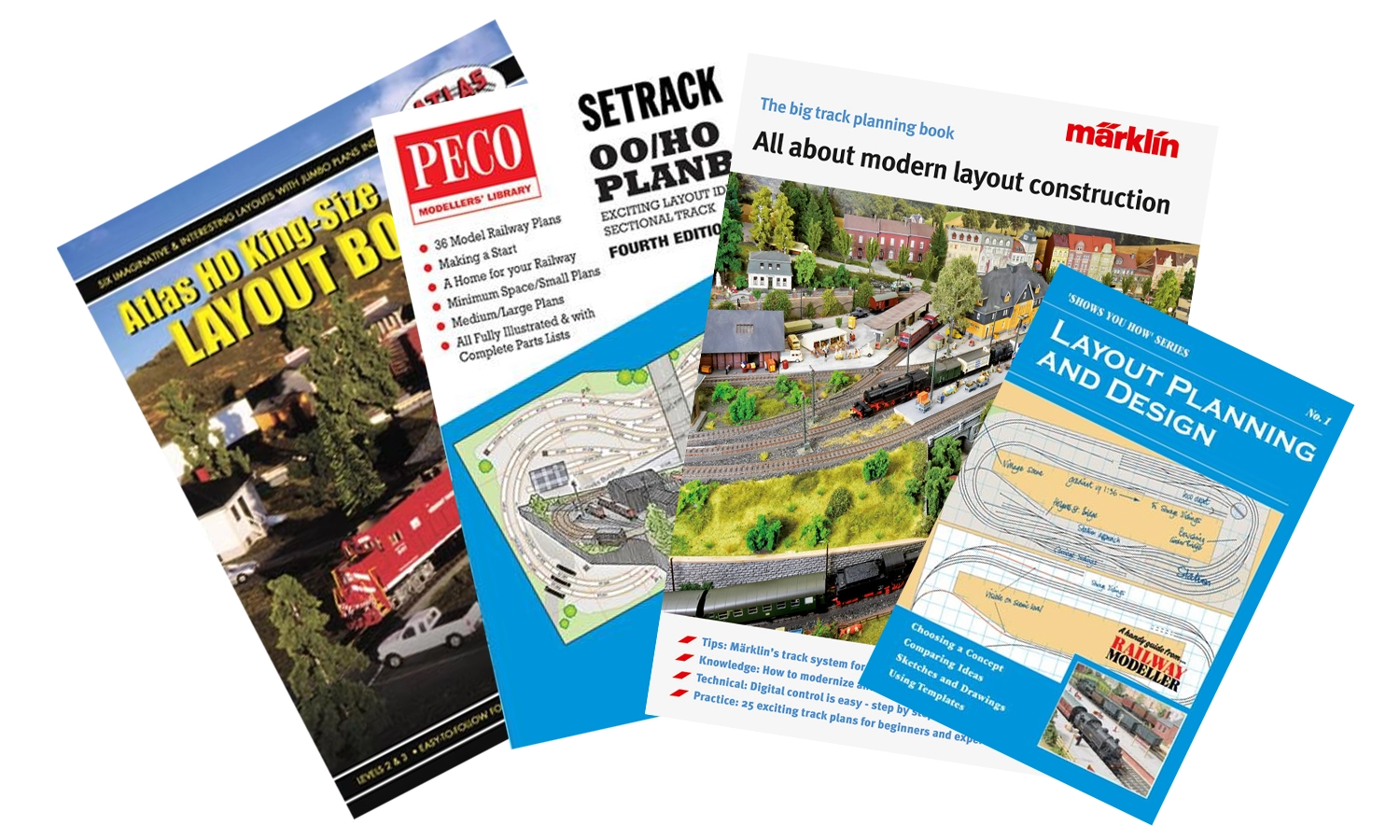 Click To Enlarge. Alt text: A pile of books on model railway layout planning and design from brands including Peco and Marklin.