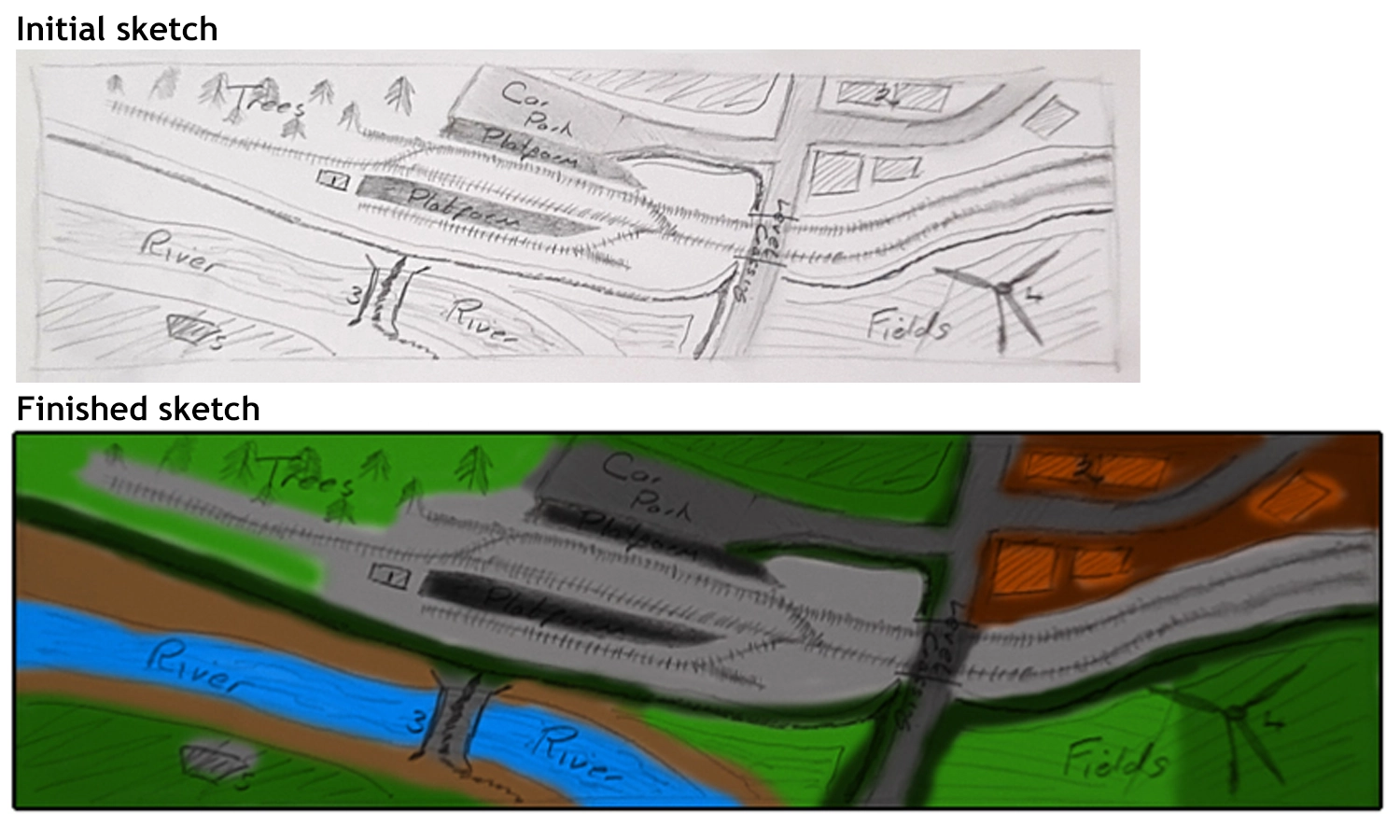 Click To Enlarge. A colourised sketch of the model railway layout, featuring a blue river, green fields, and grey track.