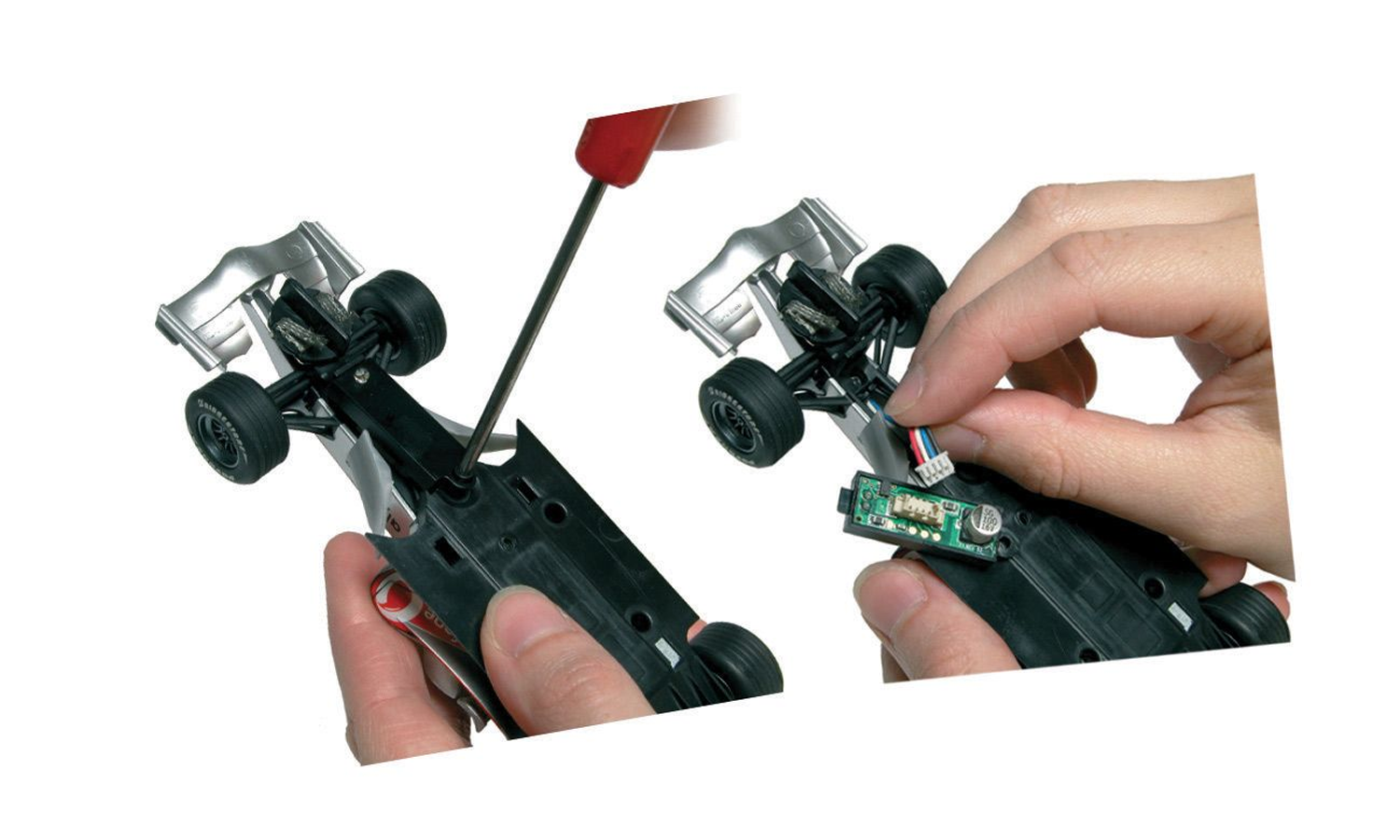 A close-up shot of a Digital Plug Ready decoder being fitted to a slot car