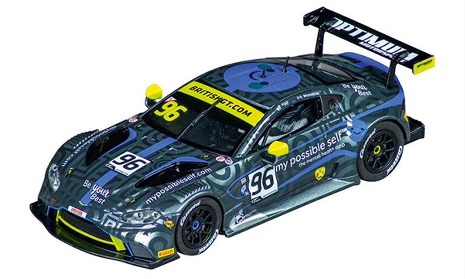 A black Aston Martin with allover purple, grey and yellow branding.